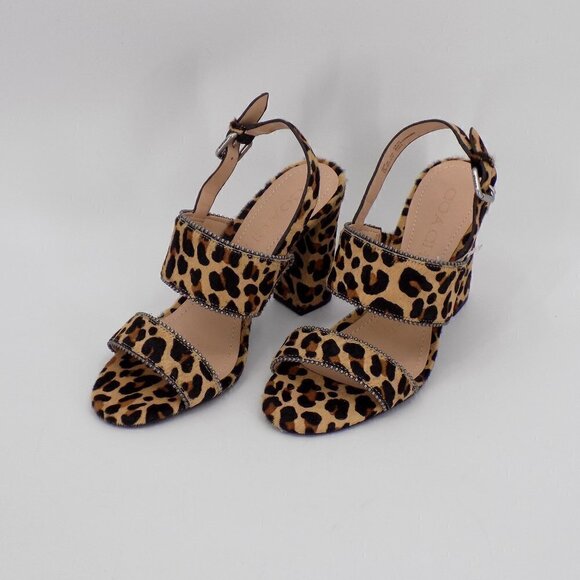 Coach Rylie Heeled Sandals Size 6.5 Cheetah Animal Print Calf Fur Buckle Strap - Picture 3 of 10